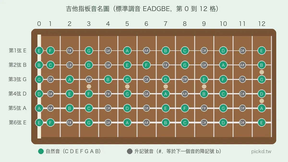吉他基礎樂理:吉他指板前 12 格音名圖,標準調音 EADGBE,自然音與升記號音分色標示